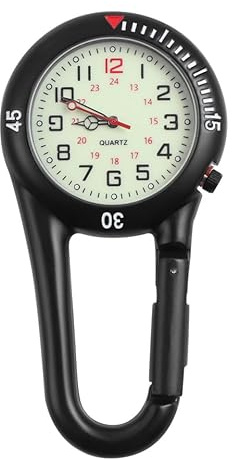 Garneck Clip On Watch Pocket For Women Nurse Carabiner Watches Men Clip-on Watch: 1pc Night Light Alloy Unisex Backpack Buckle Belt Black with White Dial for Doctors Nurses Climbing Mountaineering