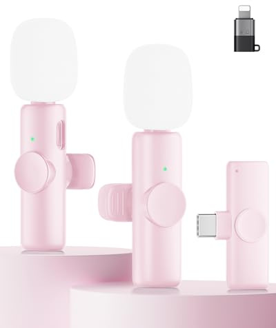 CZOCPOS Micro Cravate sans Fil pour Phone, Pad et Android, Lot de 2 Mini Microphone sans Fil avec Réduction de Bruit, Plug & Play, Idéal pour Vidéo/Interview/Podcast/Youtube/TikTok/Vlog,Rose