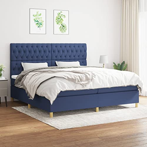 Tonture resårsäng med madrass, blå, 200 x 200 cm, tygöverdrag, höjdjusterbar sänggavel, fickfjädermadrass, medelhård liggkomfort, inkl. madrassstöd, för vilsam sömn