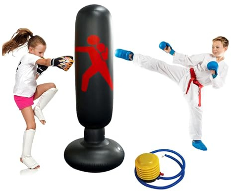Saco de Boxeo Niños 160 cm Hinchable Saco Boxeo con Base Gruesa Punching Bag para Karate Kickboxing, Equipo de Entrenamiento