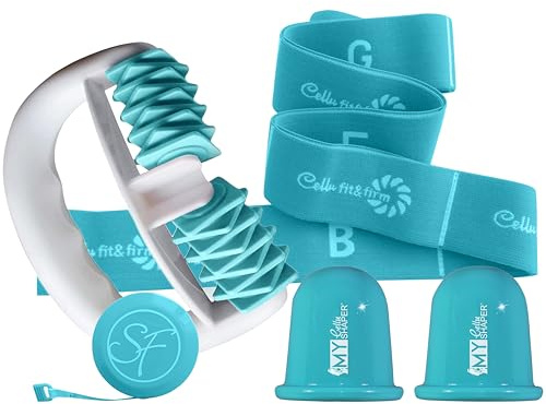 Stephanie Franck Beauty Cellulite Massage Set N°2 - enthält 1 My Body Shaper Massageroller, 2 My Cellu Shaper Silikon Cups (5,5 cm), und 1 Yoga Band - Für straffe Haut (Türkis)