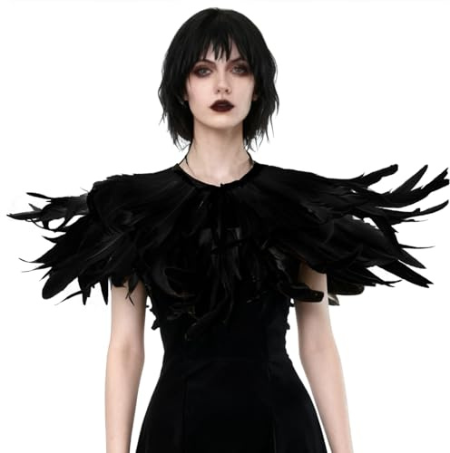 keland Gothic Feder Umhang Cape Schal Federkragen | Federumhang Federschal Damen Herren, Hexe Rabe Vampir Krähe Vogel Cosplay, Halloween Fasching Karneval
