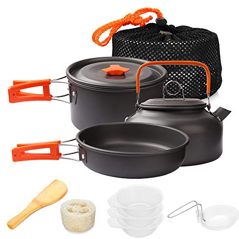 Gutsdoor Camping Cookware Set Camping Cooking Set Non Stick Family Backpacking Cooking Set Lightweight Stackable Pot Pan Bowls with Storage Bag for Outdoor Hiking (10pcs (Orange))