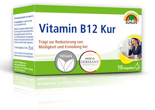 SUNLIFE Vitamin B12 Kur - 1 x 10 Ampullen - Trinkampullen mit Vitamin B12 hochdosiert - B12 Vitamin Ampullen - gluten- & laktosefrei - hochwertige B12 Trinkfläschchen