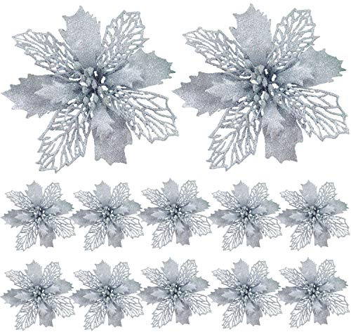 FUNNY HOUSE Christbaumschmuck Glitter Poinsettia 12 Stücke Weihnachtsschmuck Baumschmuck Künstliche Weihnachtsblumen Deko für Weihnachtsbaum Weihnachtskranz Ornamente (Silber)
