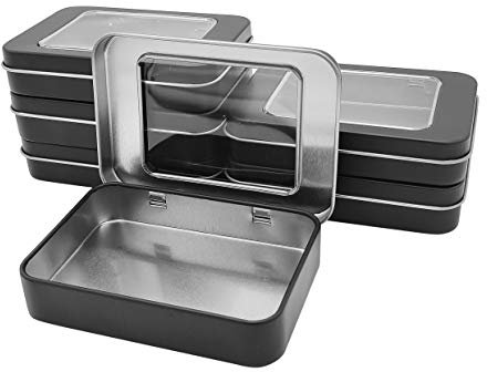 WESTKAIBA Caja de 6 piezas de lata con tapa de almacenamiento de metal, contenedor rectangular transparente, accesorios de almacenamiento de artículos diversos, color negro