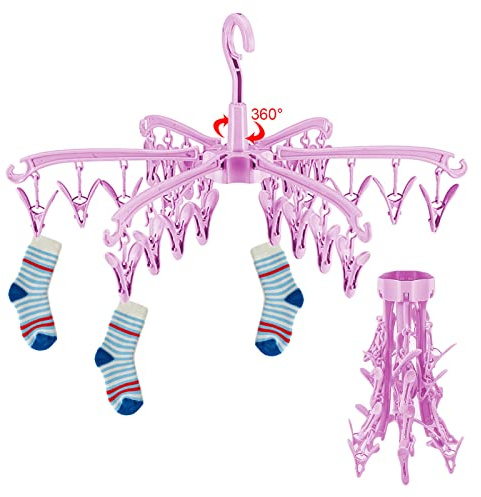 GmeDhc 360° Rotable Hanger, 24 Peg Sock Drying Racks, Folding Hangers with Clips for Underwear Socks Lingerie Baby Clothes (pink)