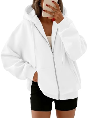 Trendy Queen damhuvtröja med dragkedja, överdimensionerade sweatshirts, höstmode, kläder, tröjor, avslappnade jackor, vinterkläder, Vitt, L