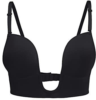 KOEMCY Reggiseno Schienale Scoperta da Donna Reggiseno a Forma di U Senza Ferretto Push up Bralette Profondo Scollo a V Reggiseno Senza Cuciture Removibile Imbottita Biancheria Intima (Nero,C)