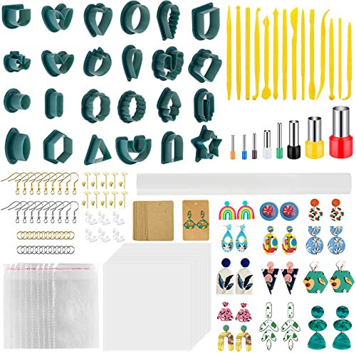 Teklemon 207 Stück Polymer Clay Ausstecher Ohrringe Set, 24 Pcs Polymer Clay Cutters mit Ohrringkarten, Werkzeug aus Ton,Runden Piercern, Backpapier und Lehmstock,für Schmuckherstellung aus Polymerton