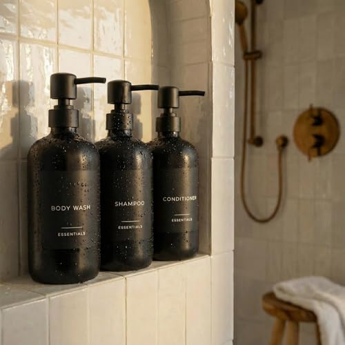 KIBAGA Elegant schampo- och balsamdispenser set med 3 – moderna 23 oz duschtvålflaskor med pumpetiketter enkel påfyllning kroppstvätt för omedelbar badrumsdekor uppgradering svart (kiba-Shampoo-b_23