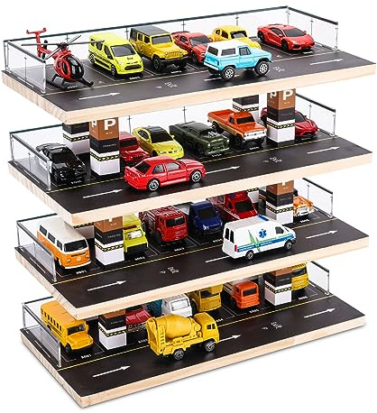Saichotoy Display Case for Hot Wheels & Matchbox, 1/64 Scale Diecast Toy Car Storage, Parking Garage Diorama - Freestanding Storage with 4 Levels 24 Spots Maximum 40 Cars