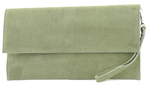 modamoda de T151 Damen Wildleder Rauleder Clutch Umhängetasche Abendtasche handmade in Italy, Farbe:Graugrün