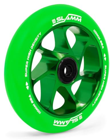 Slamm Team Wheel 110 mm grün & grün | Stunt-Scooter Aluminiumkernräder mit super hohem Rückprall und Dichte PU | Optimale Geschwindigkeit und Griffigkeit für alle Oberflächen | 88A Härte