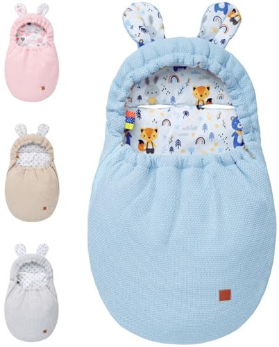 Mikos Einschlagdecke Babyschale Herbst Winter, Baby Fußsack mit Zip 100% Baumwolle GOTS Zert. Strickdecke mit Füllung Universal für Kinderwagen Buggys Frühling Maxi Cosi 3 Punkt Gurt (50) (Blau)