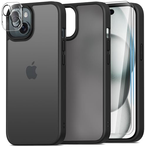 Mootobo Hülle für iPhone 15 [6,1 Zoll] – Stoßfest, Mattiert, Anti-Fingerabdruck mit 2X Glas Displayschutzfolien & 1x Kameraschutz – Schwarz