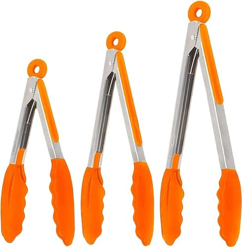 Silicone Kitchen Cooking Tongs Salad Serving BBQ Stainless Steel Handle Utensil (Orange)