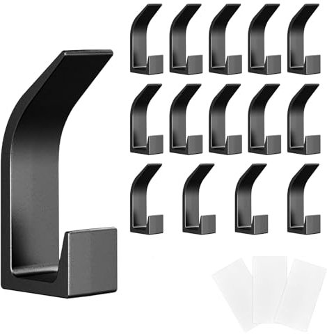 GOTRUST 15pcs Attaccapanni da Muro Moderno, Gancio Singolo da Parete Nero, Ganci Appendiabiti Adesivi Neri, Gancio da Parete in Plastica per Cucina, Camera da Letto, Ufficio
