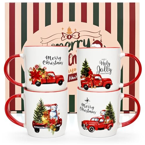 Homlouue Weihnachtstassen, 4er-Set, Weihnachts-Kaffeetassen, Weihnachtsbecher, Weihnachtsgeschenke für Frauen, Familie, Freunde, roter LKW, Weihnachtsdekoration, 325 ml