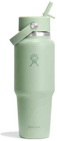 Hydro Flask Travel Water Bottle - Insulated Stainless Steel - Wide Straw Lid, Non Spill, Leakproof in 32 Oz Aloe Green