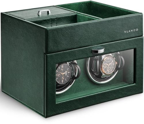 VLANDO Automatic Double Watch Winder - Watch Winder Box with Men Jewelry Organizer Tray, Japanese Quiet Motor, LED Light, Adjustable Watch Pillows - Green