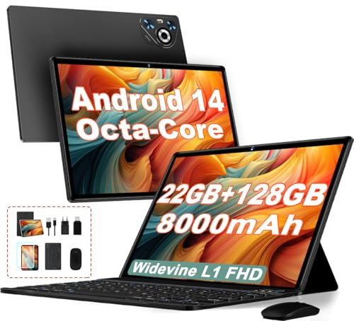 2025 Tablet 10 pollici Android 14, 22GB RAM 128GB ROM/TF 1TB, Processore Octa-Core, 8000mAh, Corpo in Metallo, Face ID, 8MP+5MP, Doppio WiFi, Widevine L1, Protezione Occhi, Tastiera, Mouse, Black