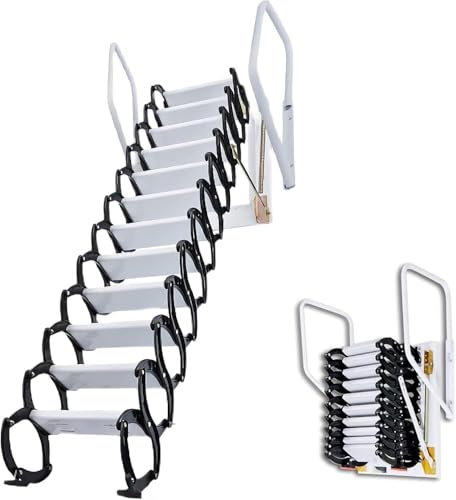 Ausziehbare Dachbodentreppe mit Handlauf, Wandmontage, Klappleiter für Dachboden, Karbonstahl, Schwarz, Größe: 3,3 x 3,5 m