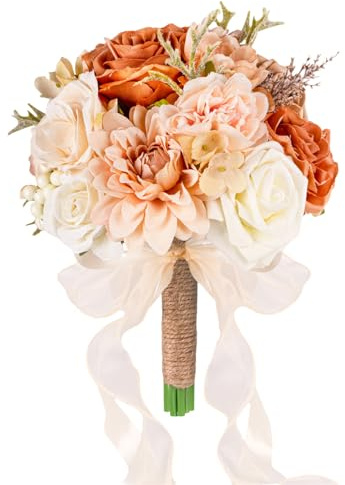 LCiclly Wedding Bouquets for Bride Bridesmaid,Terracotta Burnt Orange Bouquet Artificial Fake Silk Roses Flowers Bridal Bouquet for Wedding Fall Boho Rustic Church Decoration Toss Bouquet (8.6in(M))