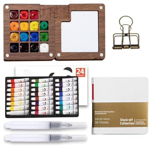 Set di mini pallet ad acquerello, con tavolozza portatile, 15 griglie e 24 colori ad acquerello, album da disegno, clip per pittori, artisti, studenti