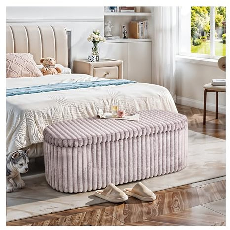 INMOZATA Faux Fur Storage Ottoman Bench Upholstered End of Bed Bench Storage Bench Stool Modern Window Seat for Living Room Bedroom Hallway(Grey)