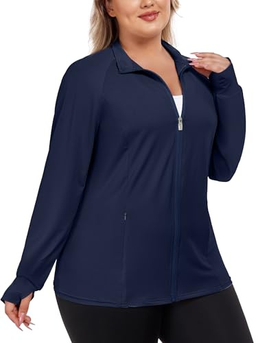 FOREYOND Womens Plus Size UPF 50+ Lightweight Athletic Jacket Sun Protection Full Zip Long Sleeve Sun Shirts Hiking Outdoor Pockets, Navy, 5XL