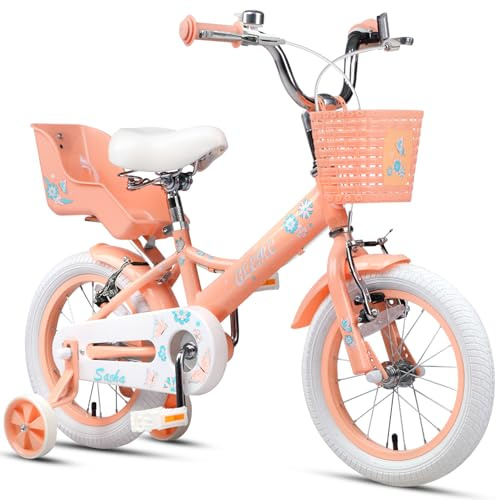 Glerc Cykel för flickor på 14 tum för 3 4 5 år gamla flickor med stödhjul, dockstol och korg, persika