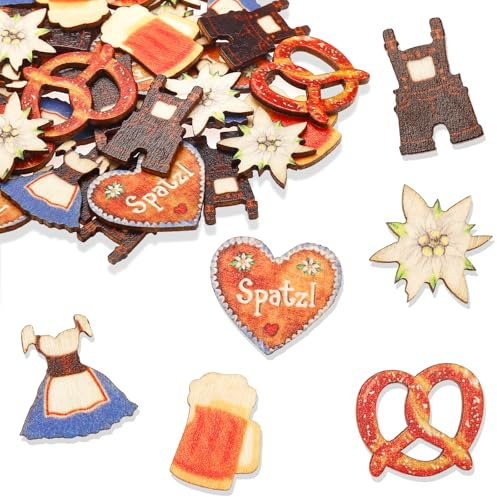 ALEGRE Streudeko Oktoberfest Deko Konfetti Holz, 50 Stück Edelweiss Bier Dirndl Brezel Lederhose Oktoberfest Tischdeko, Bayrische Deko Confetti für Bier Deko, Bier Oktoberfeste Thema Party Dekoration