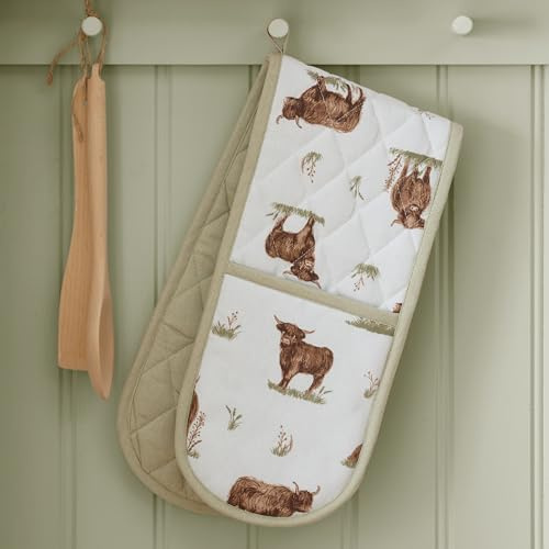 Catherine Lansfield Angus Highland Cow Cotton Kitchen Double Oven Glove Natural
