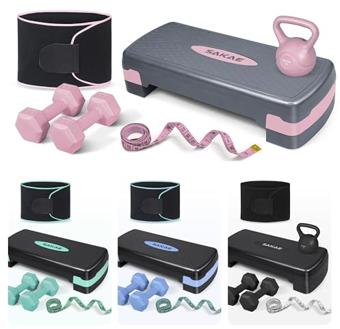 SAKAE Pink Adjustable Aerobic Stepper Kit with Dumbbells & Kettlebell & Weightlifting Belt & Measuring Tape, 2 Level Risers Exercise Step Platform for Home Gym Exercise Fitness Workout, black