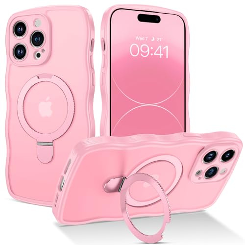 GaoBao for iPhone 14 Pro Case with Ring Stand,[Compatible with Magsafe] Cute Curly Wave Frame Phone Case Women Translucent Matte TPU Bumper Shockproof Protective Cover for iPhone 14 Pro,Tender Pink