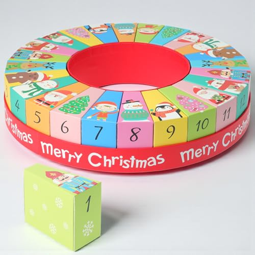 MIJOMA Calendario dell'Avvento rotondo per bambini, Natale, 24 scatole da riempire, calendario fai da te, colorato con motivi natalizi, cartone, riutilizzabile, idea regalo