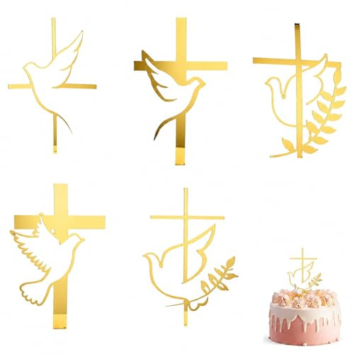 Decoración de Pastel de Primera Comunión, 6 Piezas de Cruz y Paloma de la Paz en Acrílico Dorado, Decoración Religiosa para Bautizos, Confirmaciones y Ocasiones Especiales