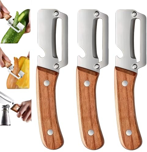 Pelaverdure multifunzione – Lama in acciaio inox con comodo manico in legno antiscivolo e apribottiglie per frutta e verdura, facile da pulire