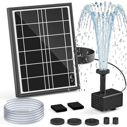 PONDIA Solarbrunnenpumpe für Vogelfontäne, 4W Solarwasserpumpe mit 3m Netzkabel, Verstellbarer Bodenständer, 5 Spritzmodi & 1,2m Schlauch, Trockenschutz und geräuscharm für Gartenteich, Fischbecken
