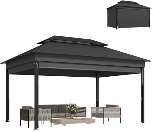 Outsunny Gazebo da Giardino 4x3 m con Tende Laterali a Rullo, Gazebo Esterno con 8 Fori di Drenaggio, Doppio Tetto e Struttura in Metallo, per Giardino, Balcone, Feste, Cortile, Patio, Grigio Scuro