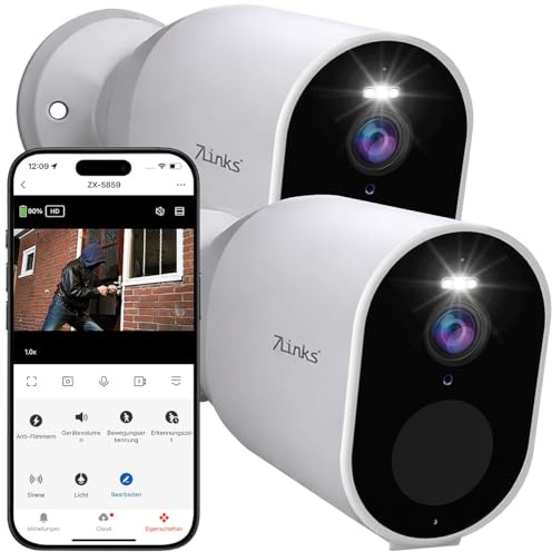 7links Überwachungskameras: 2er-Set Akku-Outdoor-IP-Überwachungskamera mit 2K, Dualband-WLAN, App (IP65, Kabellose, Camera)