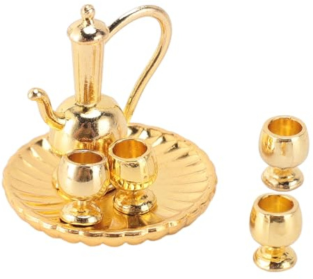 Focket Juego de té para Casa de Muñecas, Escala 1:12, Juego de té en Miniatura de Metal de Alta Dureza, Mini Taza de Simulación con 2 Platos Redondos, 2 Teteras, 8 Tazas para Casa de Muñecas, (Gold)