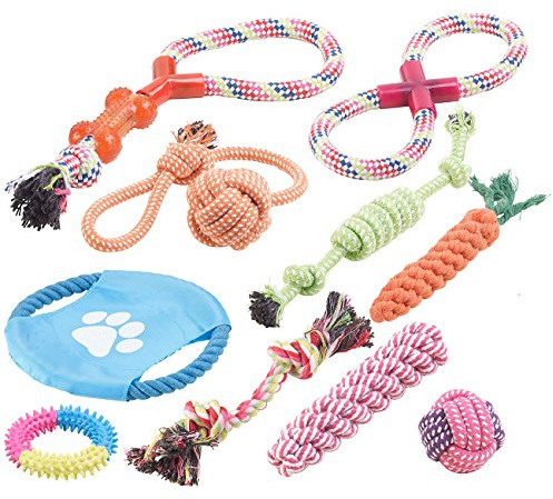 Sweetypet Hundezubehör: 10er-Set Bunte Hundespielzeuge aus Baumwolle zum Kauen und Toben (Wurfspiel für den Hund, Hunde-Spielset)