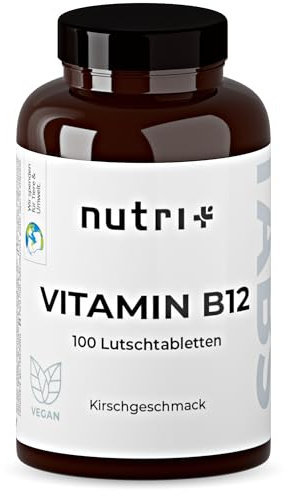 Nutri + Vitamin B12 Lutschtabletten 500µg (mcg) vegan & hochdosiert - aktives Methylcobalamin - 100 vegane Tabletten zum Lutschen - Geschmack Kirsche