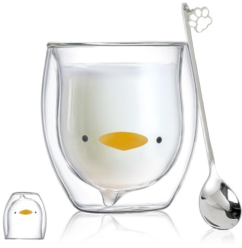 Binoster Taza de té de cristal de gato oso botella tazas,Taza Linda,Vasos de doble pared Taza de café expreso, Taza de leche, cumpleaños de oficina y personal(Pato)