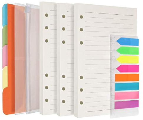 Deluxe, fogli di ricambio formato A6, confezione da 2 180 pagine a righe + 5 divisori colorati + 160 bandierine adesive con righello + 2 tasche A6 per raccoglitore a 6 anelli ricaricabili A6