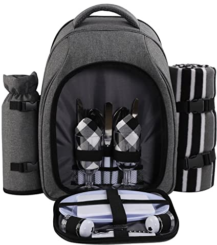 Apollo Walker Picknick-Rucksacktasche für 2 Personen mit Kühlfach, abnehmbarem Flaschen-/Weinhalter, Fleecedecke, Teller und Besteck-Set (2 Personen, grau)