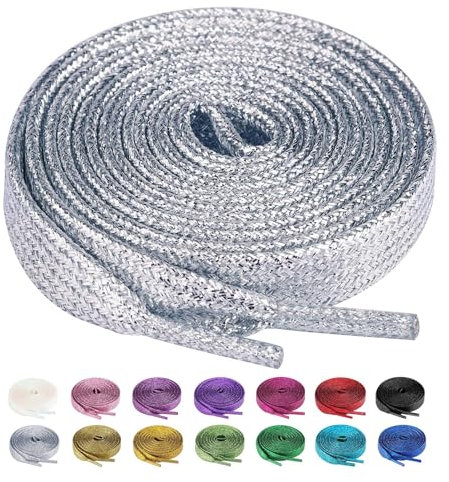 Olukssck 2 paia Lacci Piatti Glitter Metallici Premium, Stringhe Scarpe Sportive, Lacci per Sneakers Resistenti, Lunghezza 80-100 - 120-140 - 160 cm, Larghezza 10 mm, Argento, 100cm