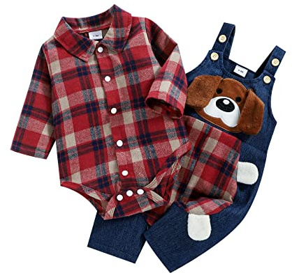 Dazzerake 2 Pezzi Completo da Neonati Pantaloni Bretelle + Pagliaccetto Camicie Plaid Casual Maniche Lunghe Bowtie Button Down con Stampa Cane